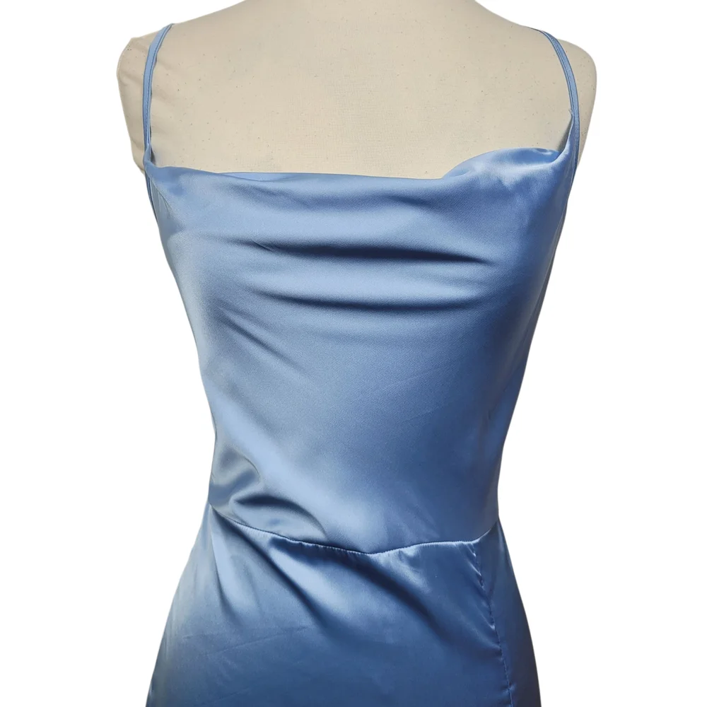 SHEIN SXY Sky Blue Satin Strappy Glam Backless Midi Dress Size 8-10 - Picture 3 of 11
